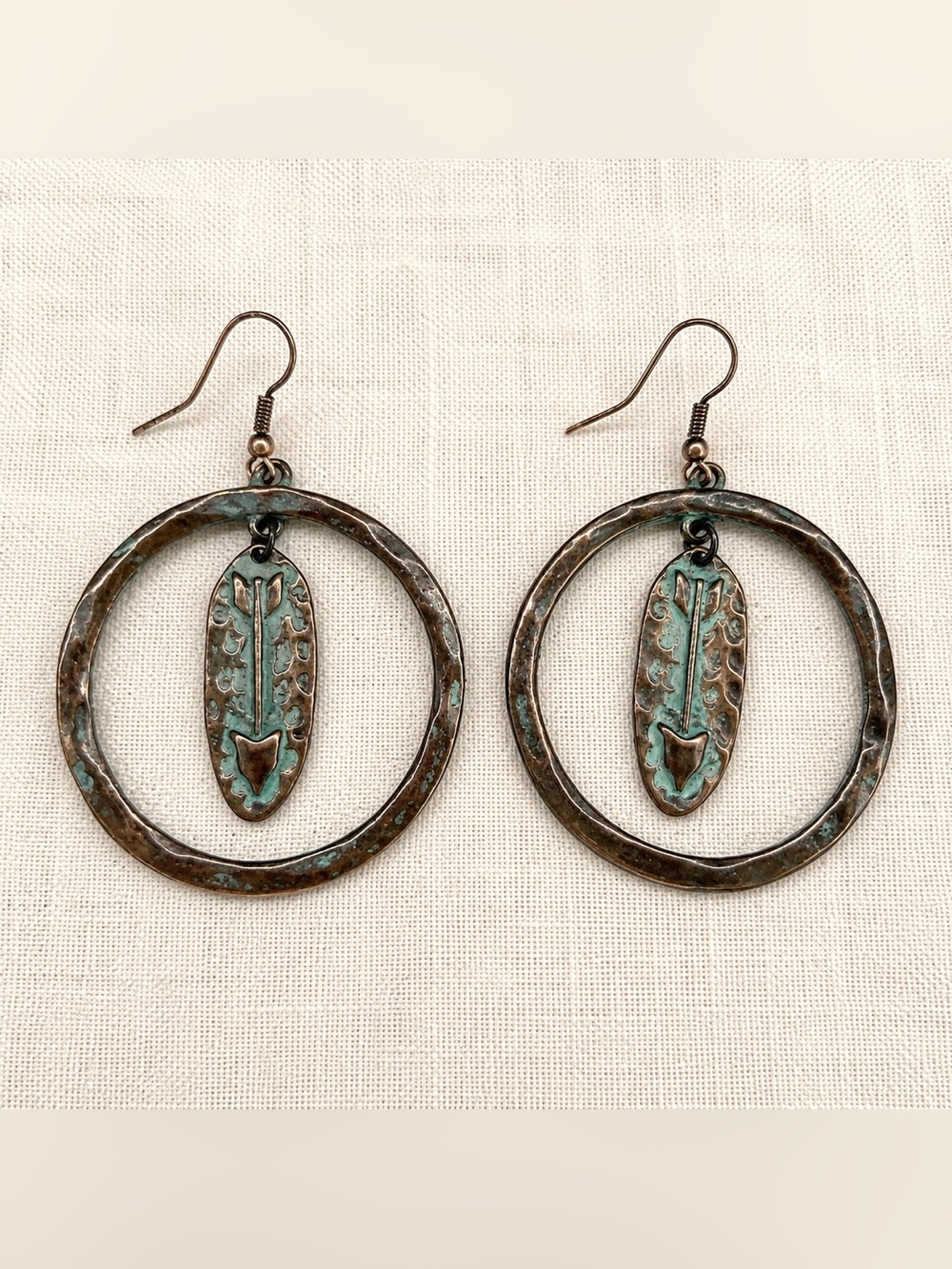 Turquoise Patina Arrow Hoop Earrings Boho Western Antique Copper Dangle, new